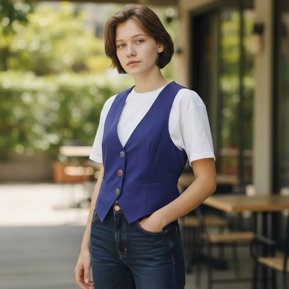 Vintage Blue Vest With Funky Buttons